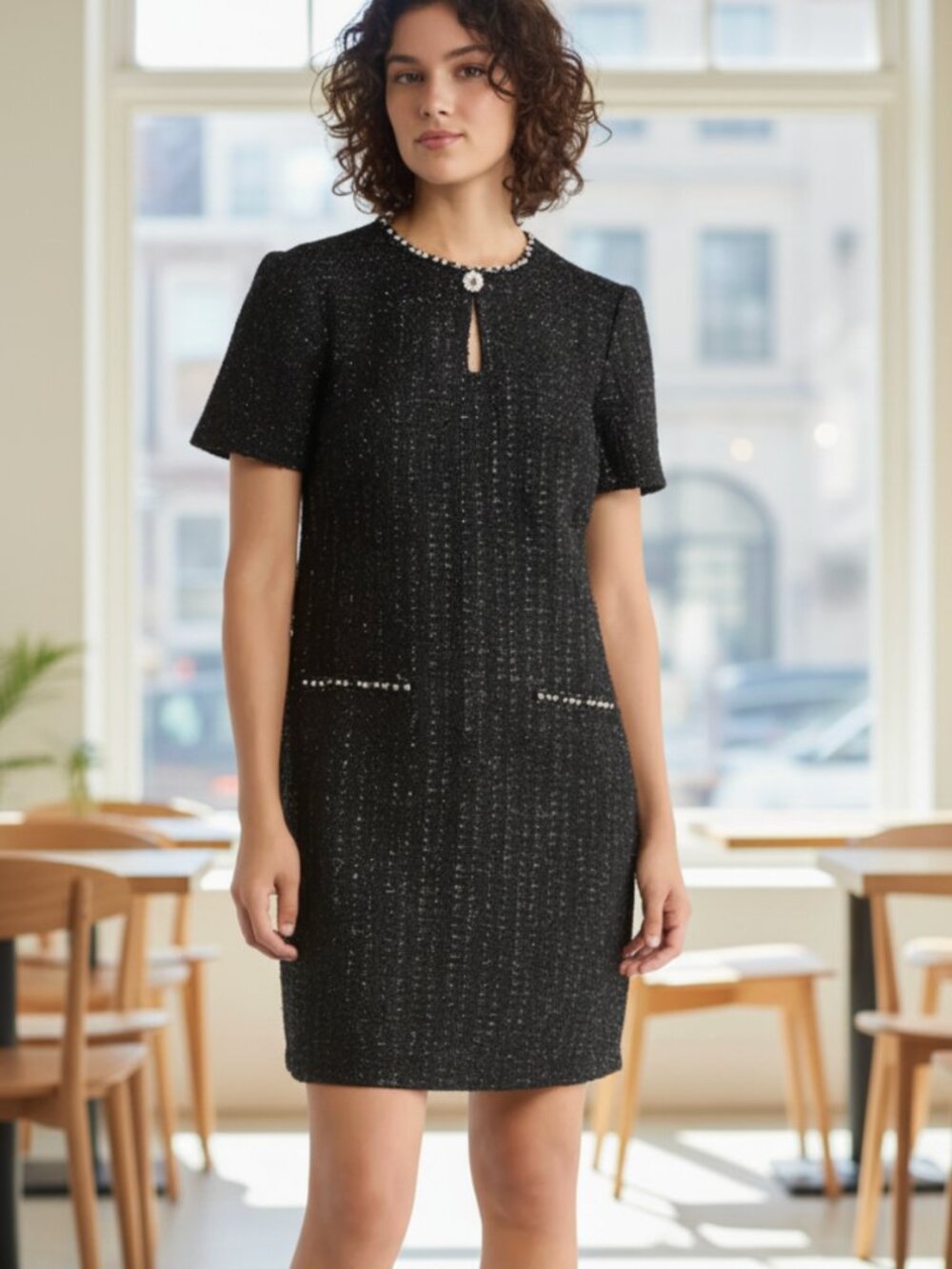 NWT Eliza J Jewel Neck Short Sleeve Tweed Shift Dress 6, BLACK